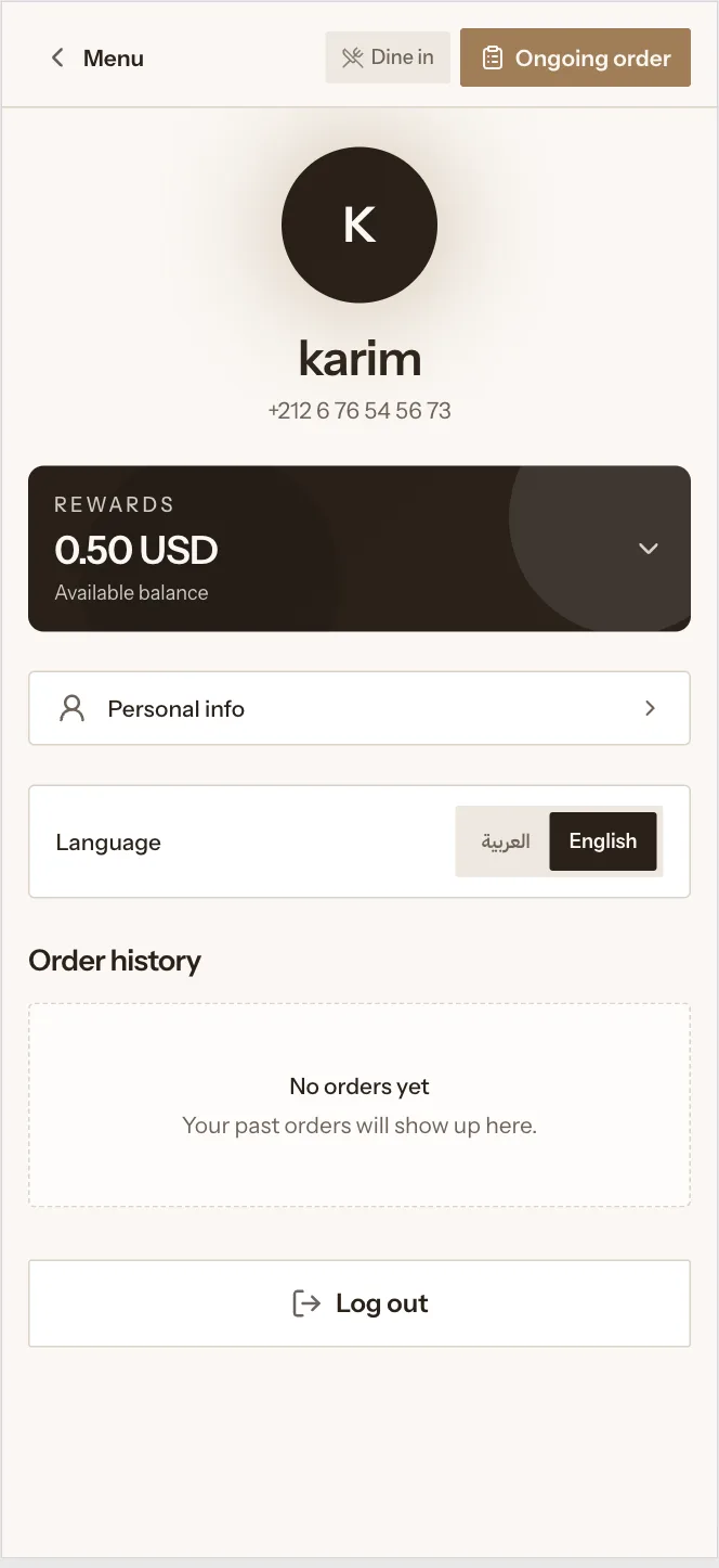 Guest profile with rewards balance and order history