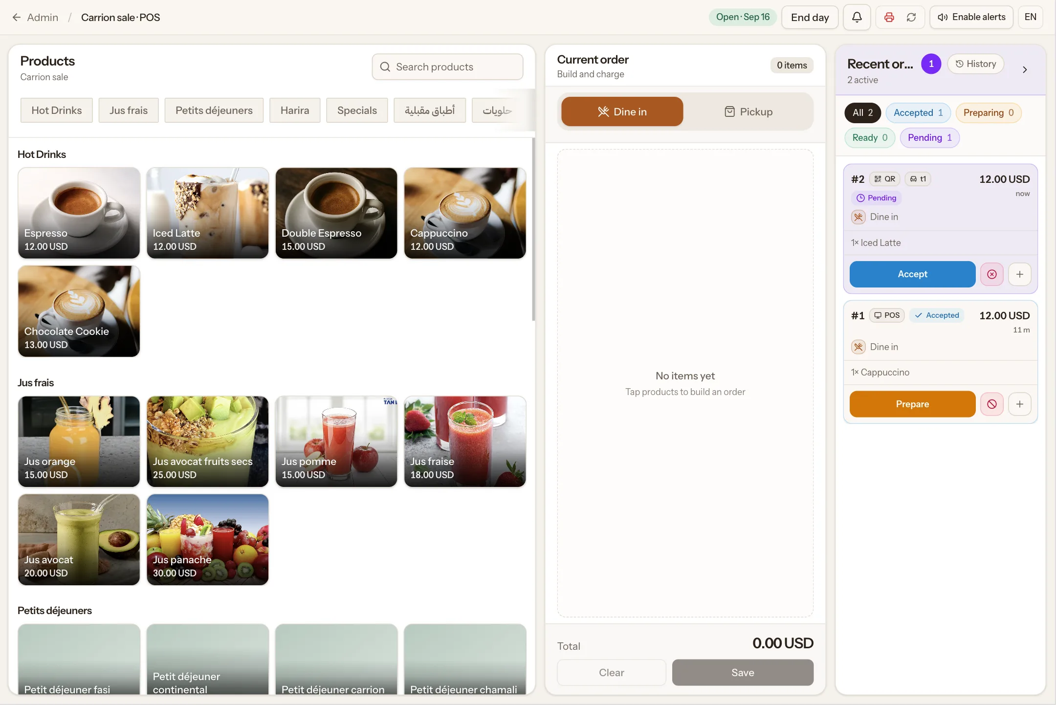 Orderlane POS with product catalog and live table orders