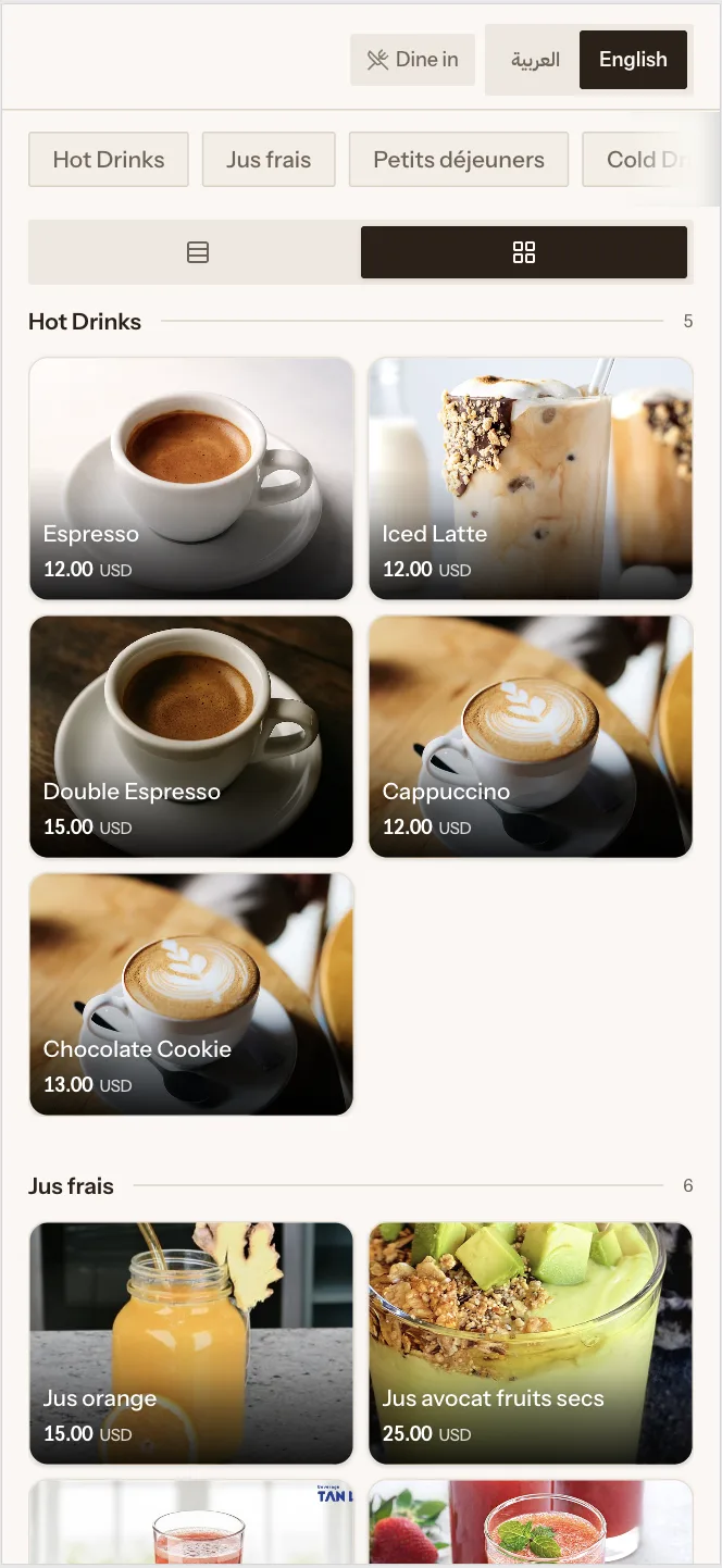 Guest phone menu after scanning a table QR code